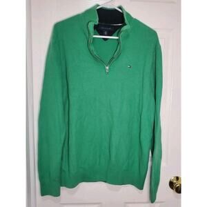 Tommy Hilfiger Men’s L Green Quarter Zip Sweater 100% Cotton Knit Pullover Logo